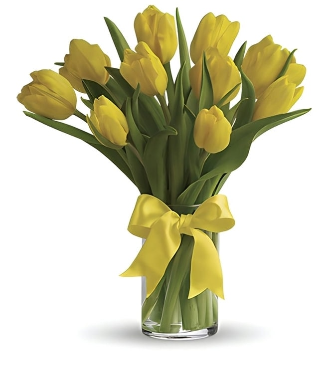 10 Yellow Tulips in a Glass Vase